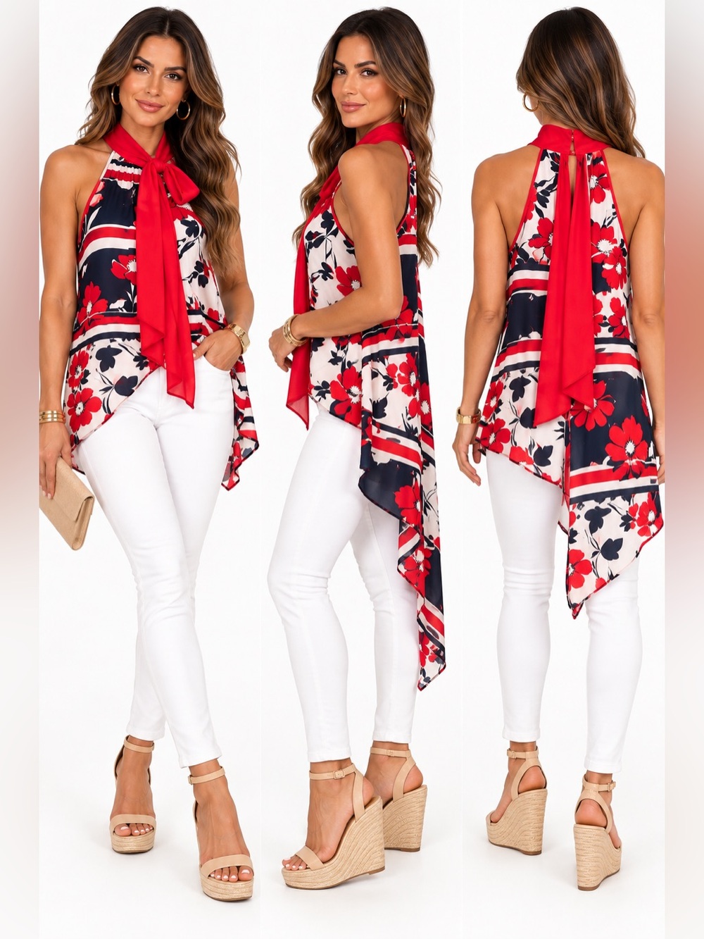 New York & Company Red Floral Scarf Tie Asymmetrical Tunic Top S